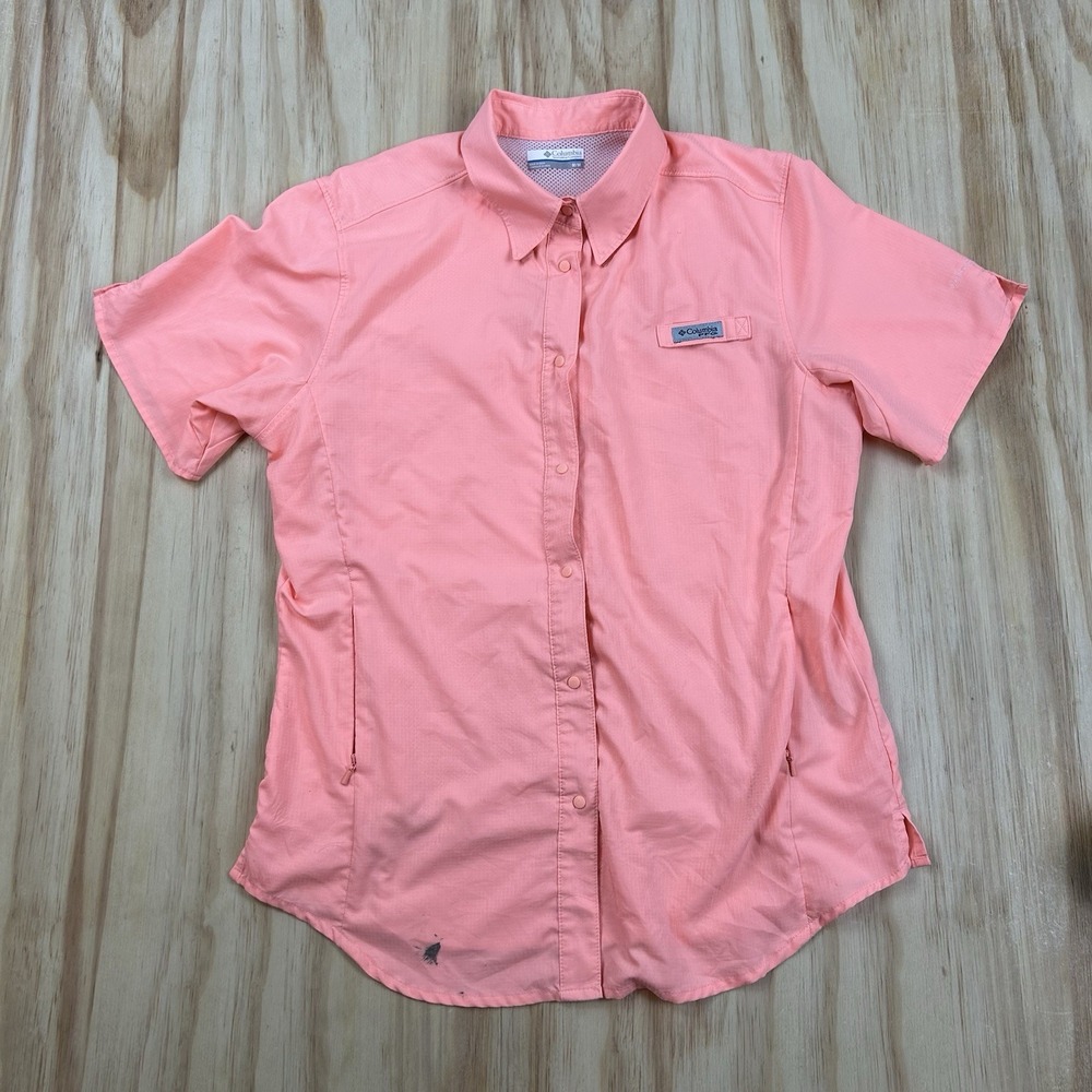Columbia PFG Womens M Pink Omni Shade Short Sleeve Fishing Outdoor Shirt Flaw